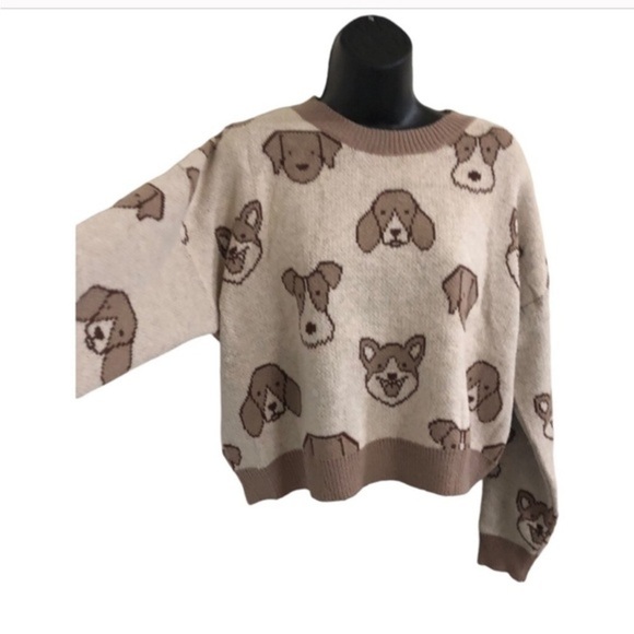 Beige cream brown adorable puppy dog face print long sleeve sweater size medium - Picture 1 of 16